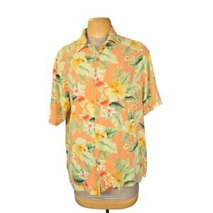 Caribbean Joe Washable‎ Silk Hawaiian Shirt Men L Peach Tropical Floral Hibiscus